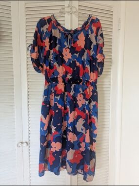 Old Navy Navy Floral-Print Midi Dress with Coral & Blue Accents